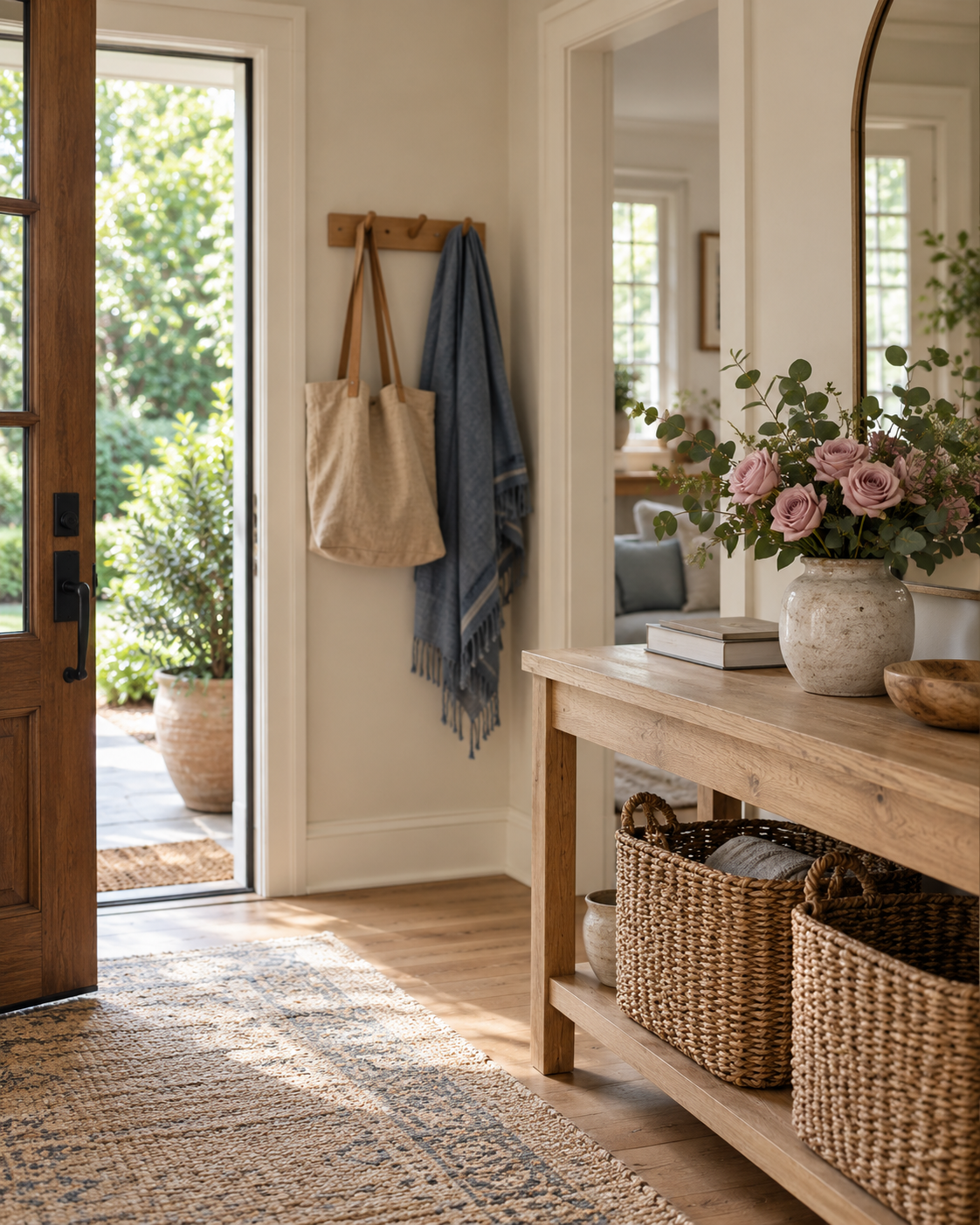 An inviting organized entryway with woven baskets, a wooden console and soft rose-colored flowers